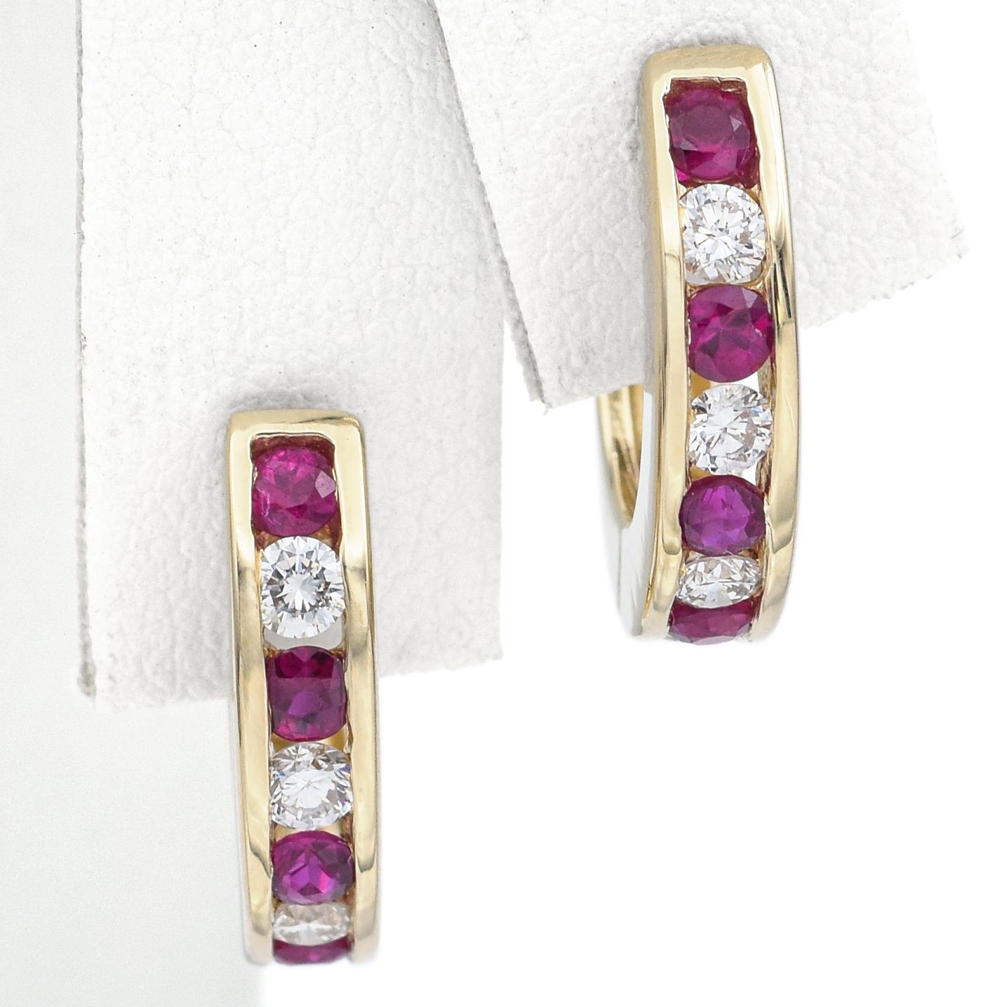 Estate 0.48 TCW Diamond & Ruby 14K Yellow Gold Hoop Earrings 17.0 x 16.5 mm In Good Condition For Sale In New York, NY