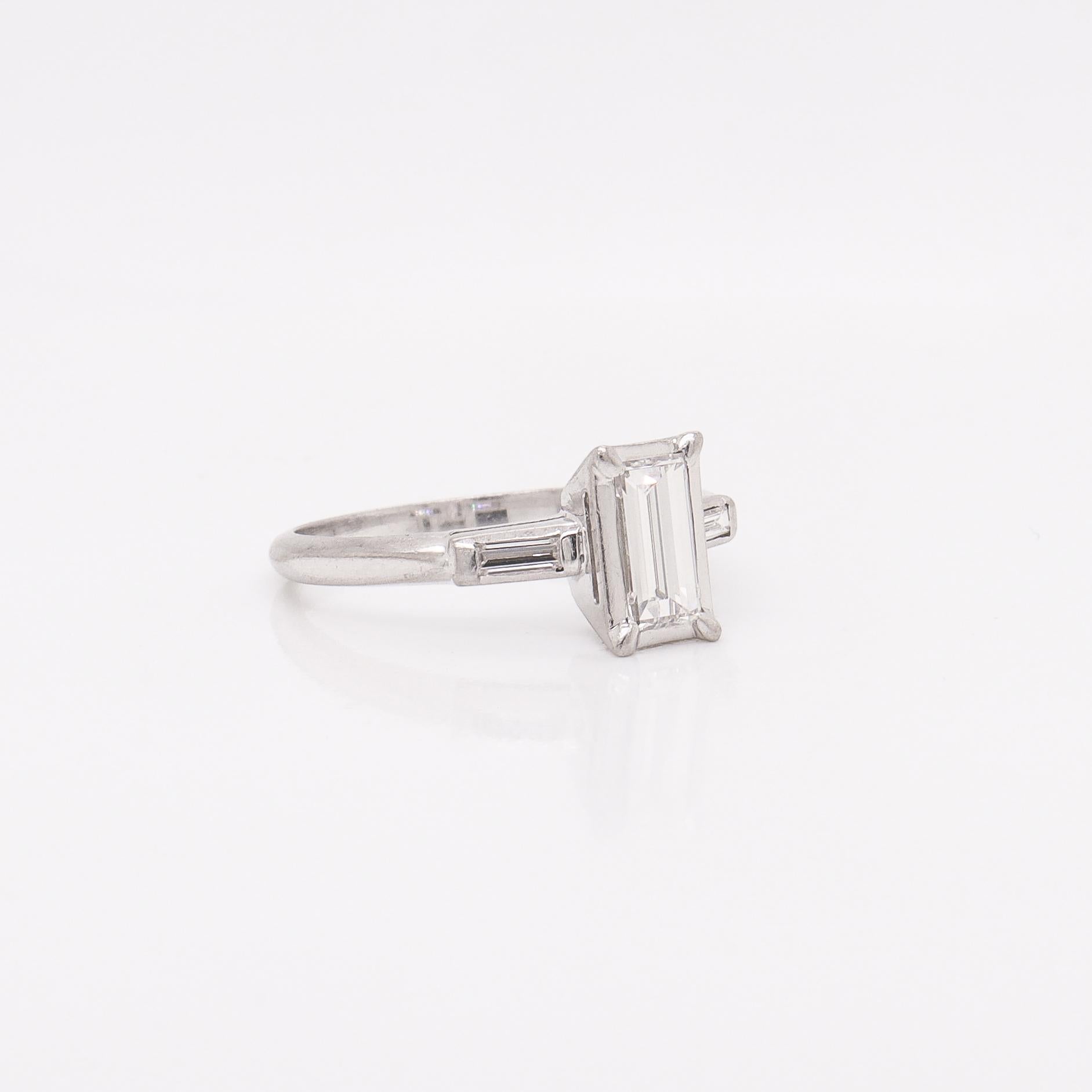 Estate 0.60 Ctw Baguette Diamond & Platinum Three-Stone Ring For Sale 6