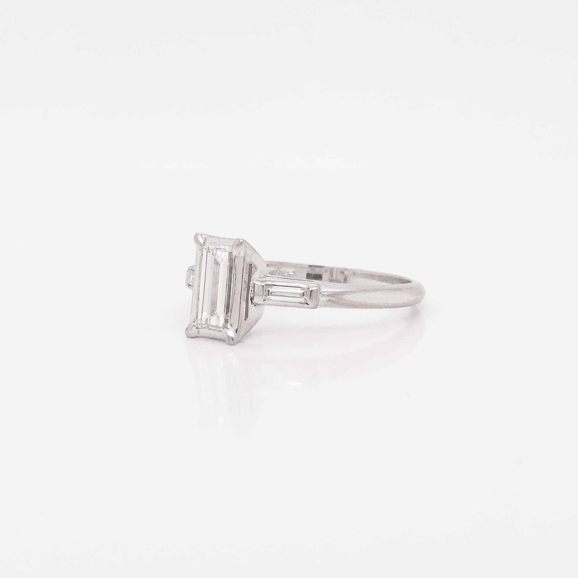 Estate 0.60 Ctw Baguette Diamond & Platinum Three-Stone Ring For Sale 1