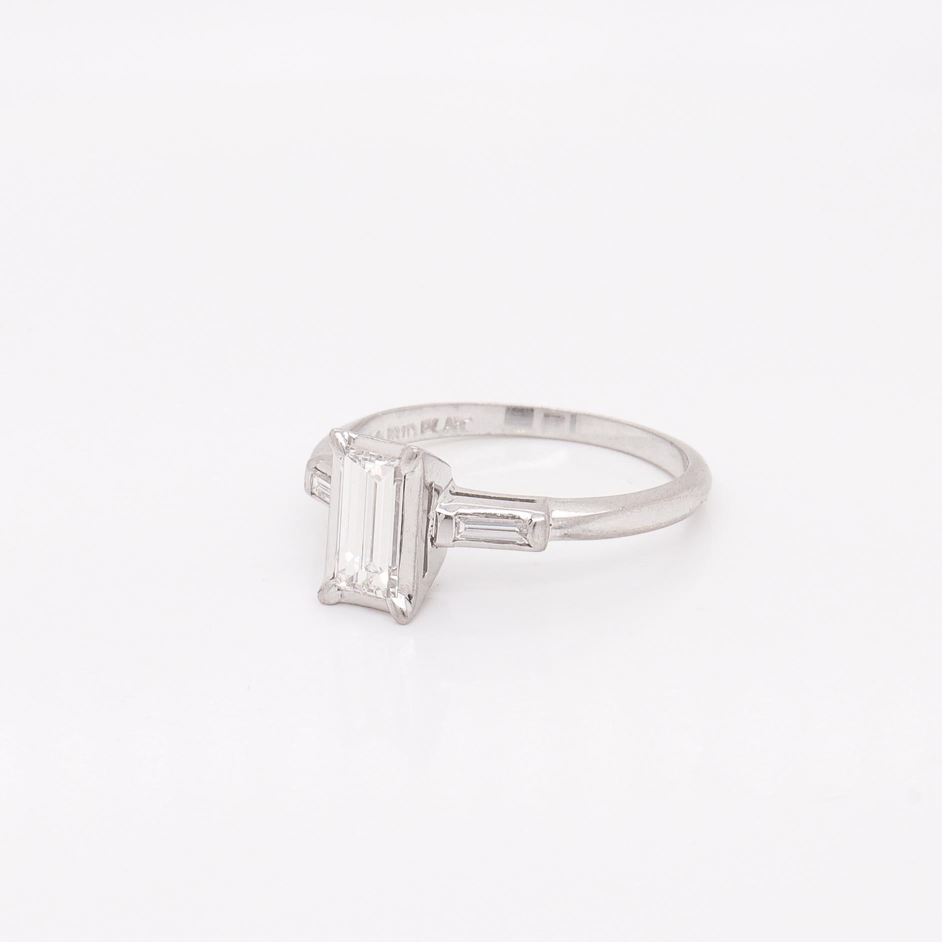 Estate 0.60 Ctw Baguette Diamond & Platinum Three-Stone Ring For Sale 2