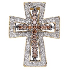 Estate 0.72 TCW Champagne White Diamond Yellow Gold Cross Pendant