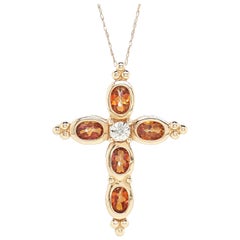 Pendentif croix en or rose 10 carats avec topaze mystique orange et diamants, ancienne propriété