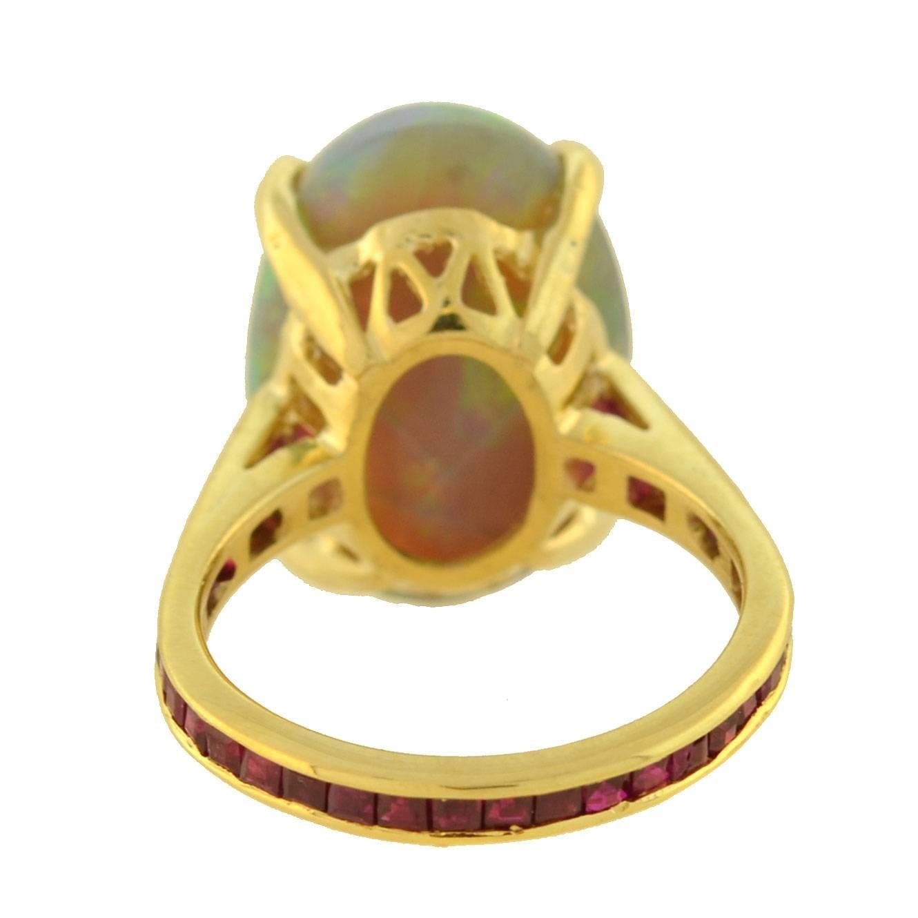 Estate 10.00 Carat Opal Ring with Calibrated Ruby Band In Excellent Condition In Narberth, PA