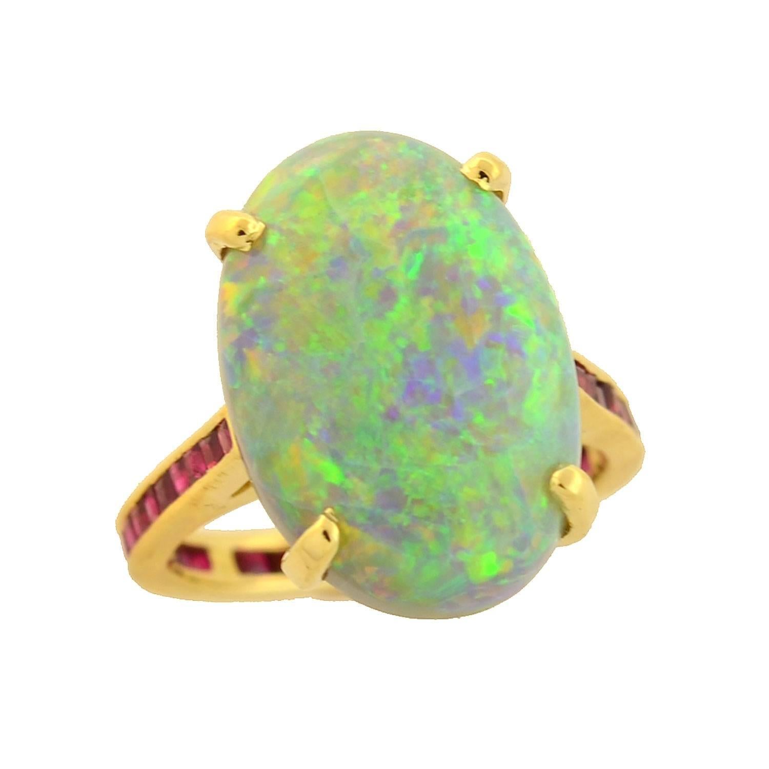 Women's Estate 10.00 Carat Opal Ring with Calibrated Ruby Band