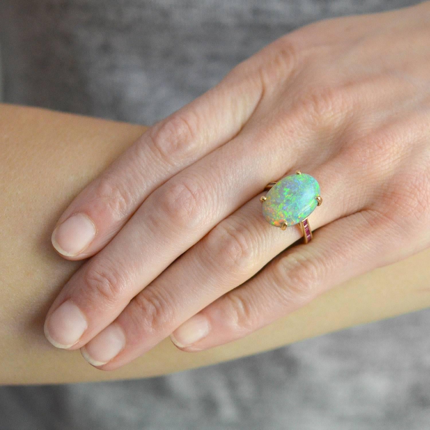 Estate 10.00 Carat Opal Ring with Calibrated Ruby Band 1