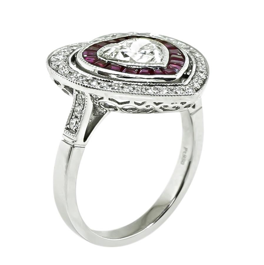 Heart Cut Estate 1.00ct Center Diamond 0.81ct Ruby Heart Ring For Sale