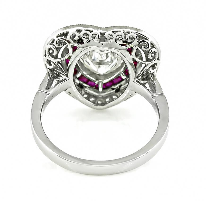 Estate 1.00ct Center Diamond 0.81ct Ruby Heart Ring In Good Condition For Sale In New York, NY