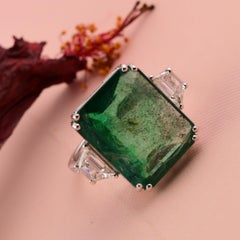 10.38 Carat Zambian Emerald Diamond Three Stone Ring 14k Solid White Gold