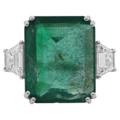 Estate 10,38 quilates Esmeralda de Zambia Diamante Tres Piedras Anillo 18k Oro Blanco Macizo