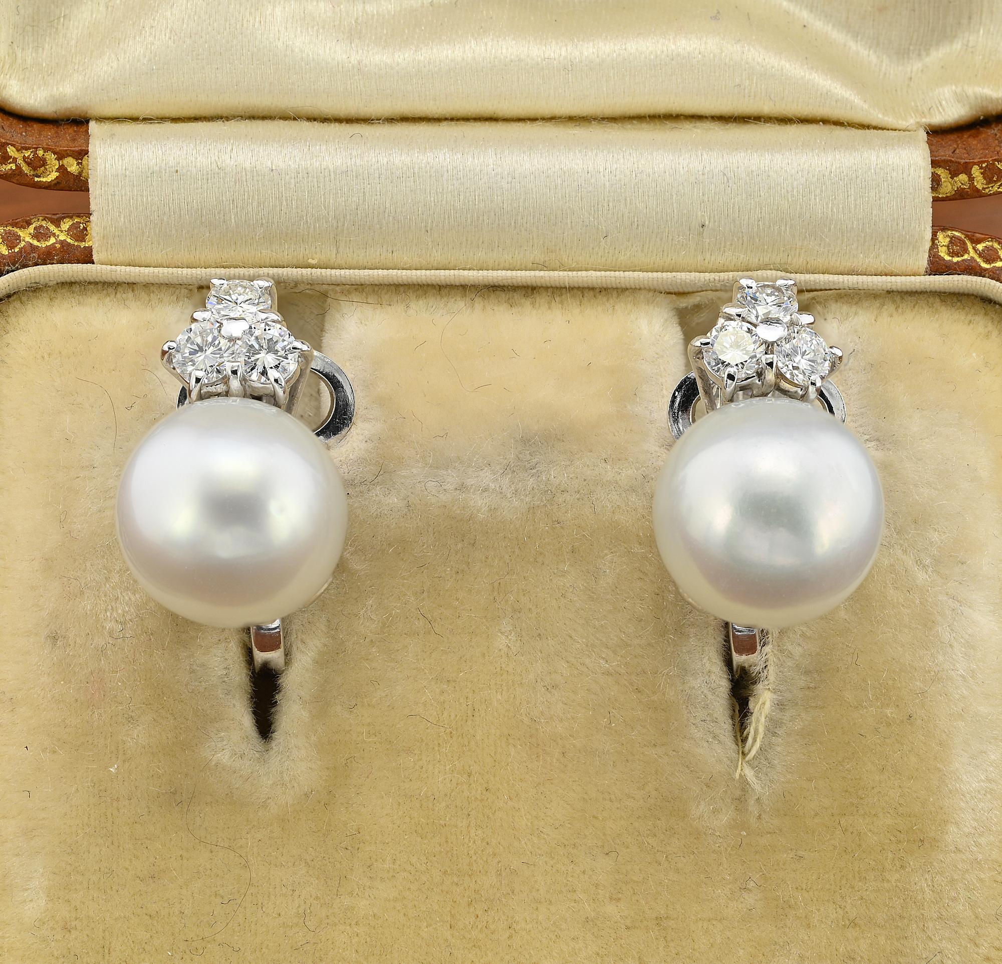 This beautiful pair of estate Diamond & Pearl earrings are perfect for everyday - pre 2000 circa
Finely hand crafted mounting made of solid 18 KT making them standing perfectly on ears, Italian origin
Two marvelous South Sea Pearls of exceptional
