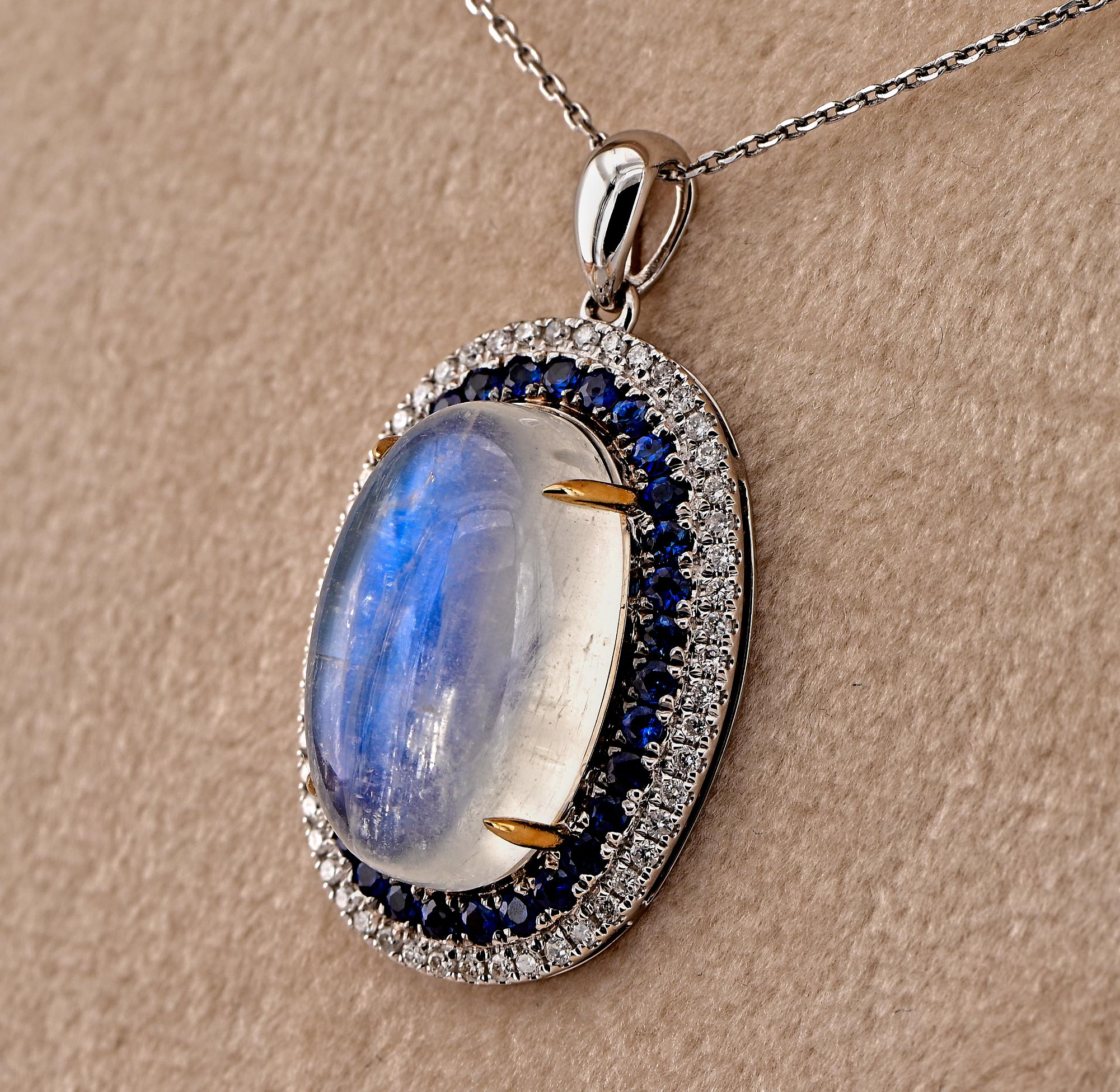 Contemporary Estate 10.98 Ct Rainbow Moonstone Sapphire Diamond Pendant For Sale
