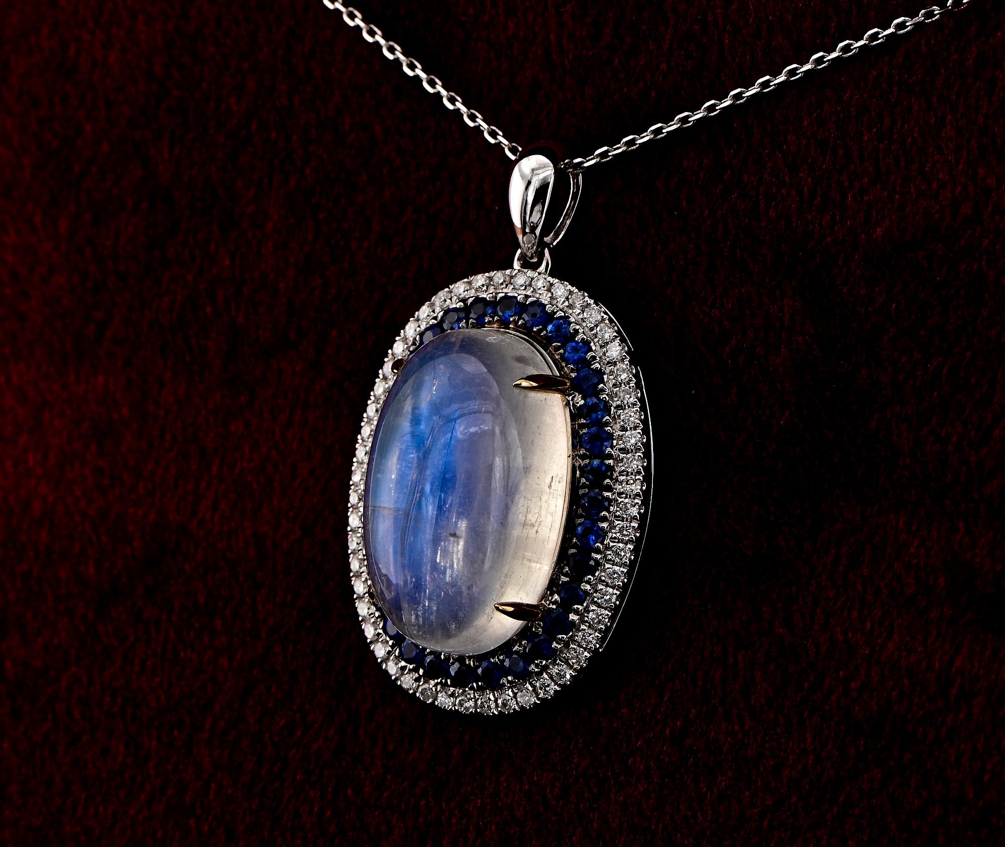 Cabochon Estate 10.98 Ct Rainbow Moonstone Sapphire Diamond Pendant For Sale