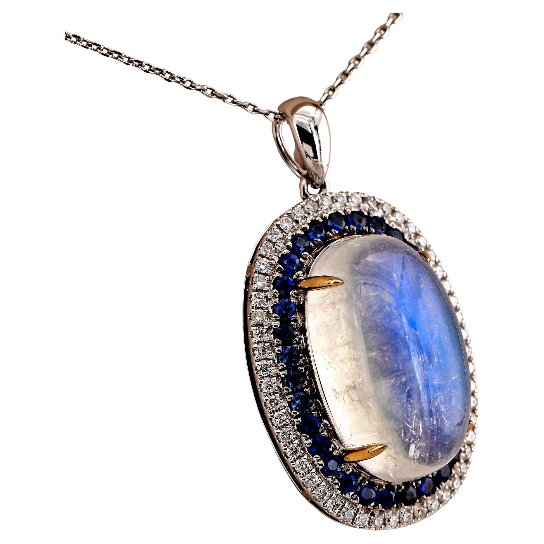 Estate 10.98 Ct Rainbow Moonstone Sapphire Diamond Pendant For Sale