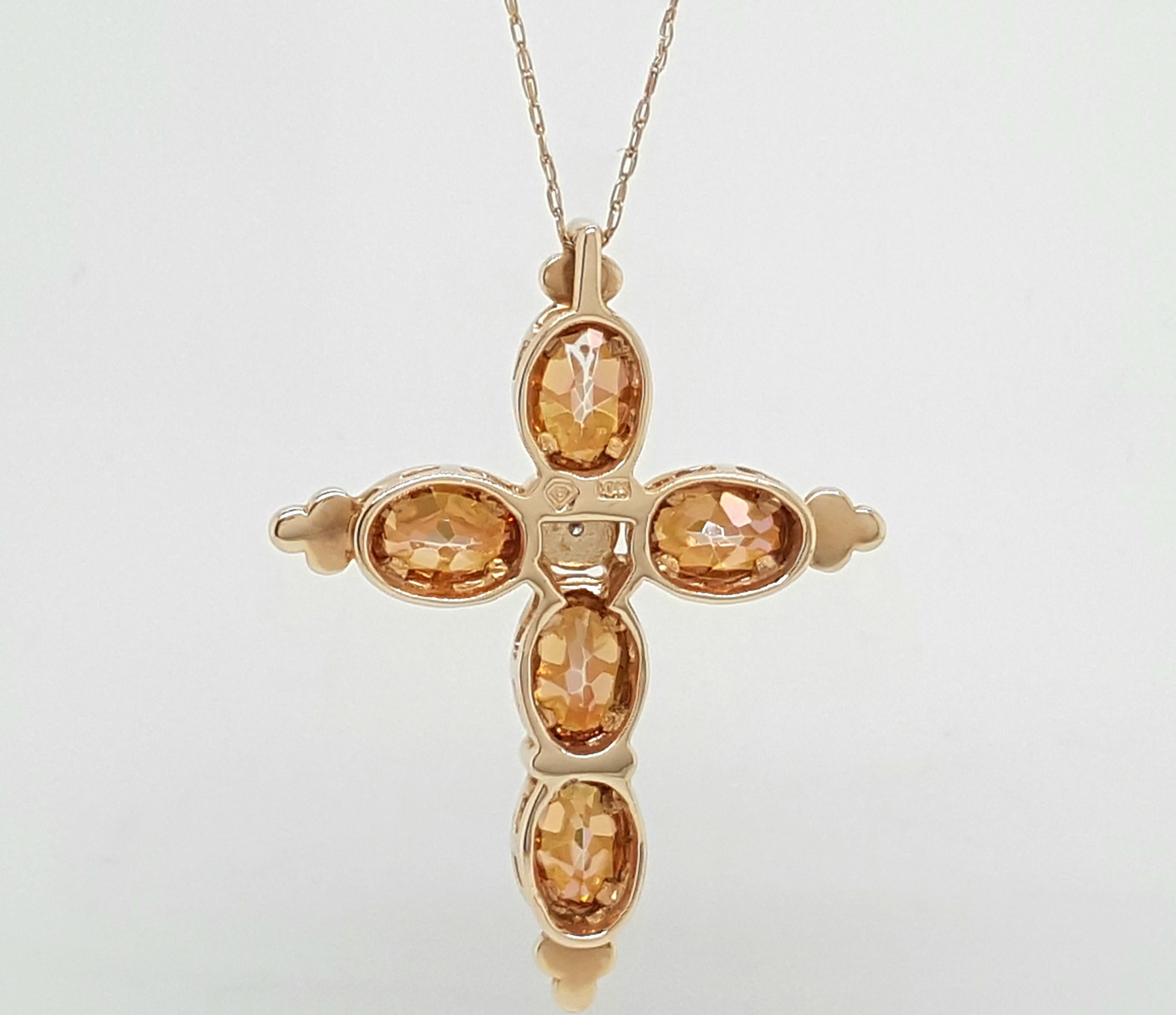 Estate 10 Karat Rose Gold Orange Mystic Topaz and Diamond Cross Pendant In New Condition In Addison, TX