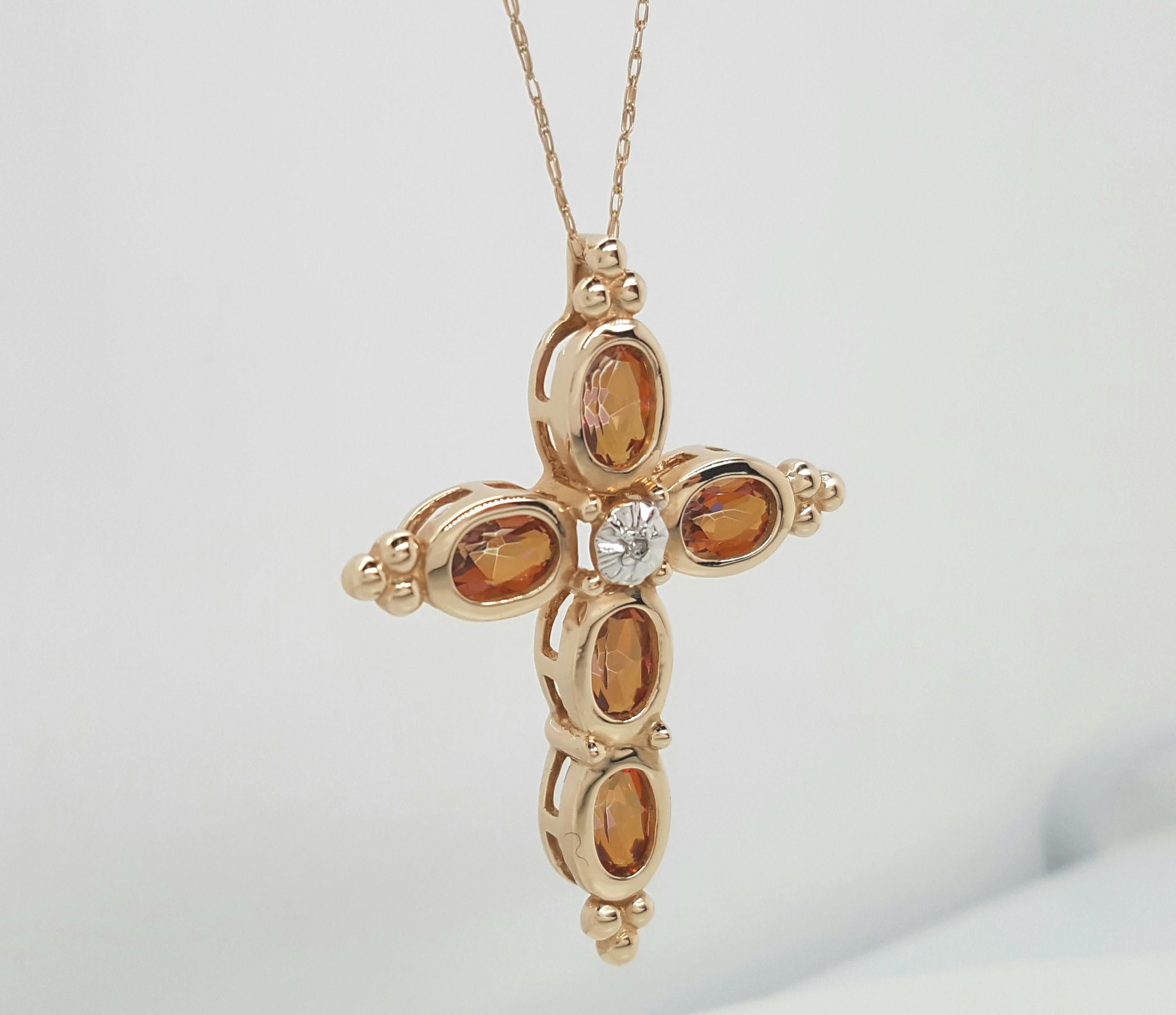 Estate 10 Karat Rose Gold Orange Mystic Topaz and Diamond Cross Pendant 2