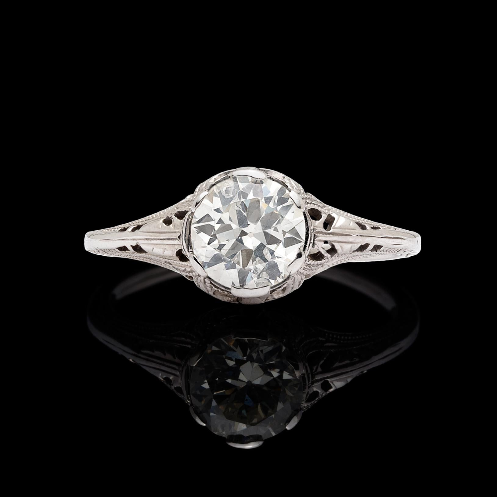 Old European Cut Estate 1.15 Carat Diamond Platinum Filigree Solitaire Ring