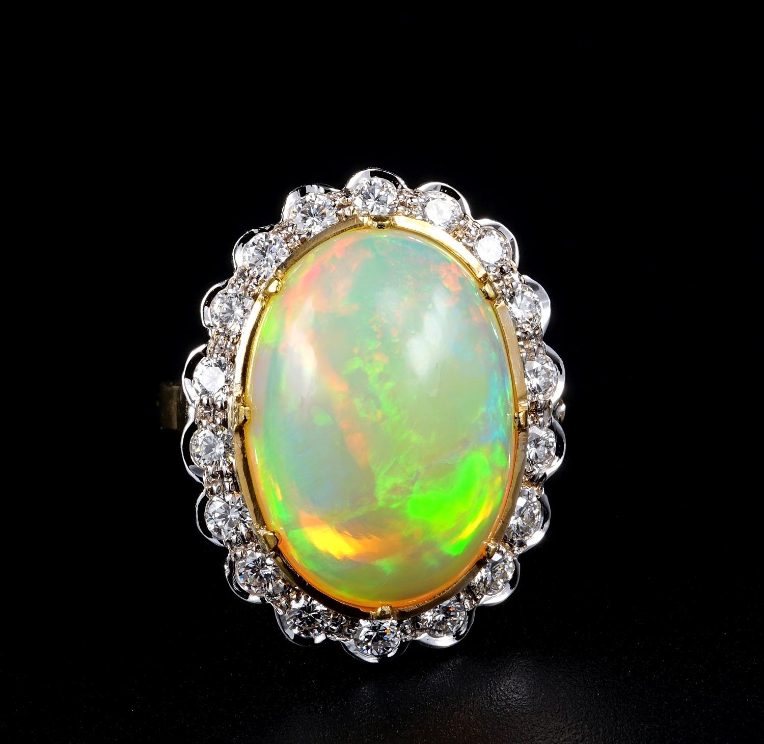 This outstanding Diamond and Opal ring is 1960 ca
Superb hand made mounting made of solid white & yellow 18 Kt gold – designed to exalt the beauty of the main Opal exquisitely complemented by best Diamonds
Italian origin
A stunning, magic 11.50 Ct.