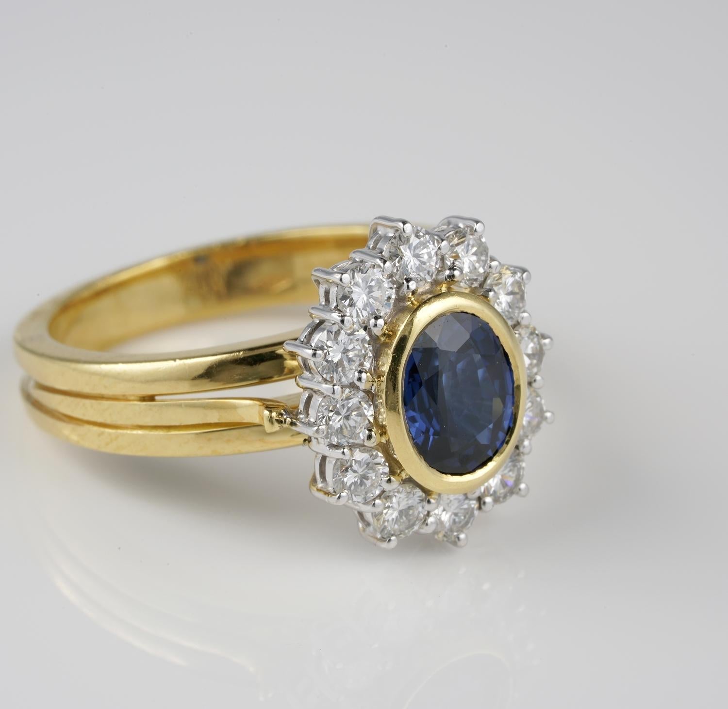 Timeless Blue Sapphire
This simply gorgeous Sapphire & Diamond ring dates mid-century, 70’s approx
Beautifully hand made, heavy mount of solid 18 KT gold, timeless, classy, cluster design t exalt the beauty of both the Sapphire & Diamond
Could be an