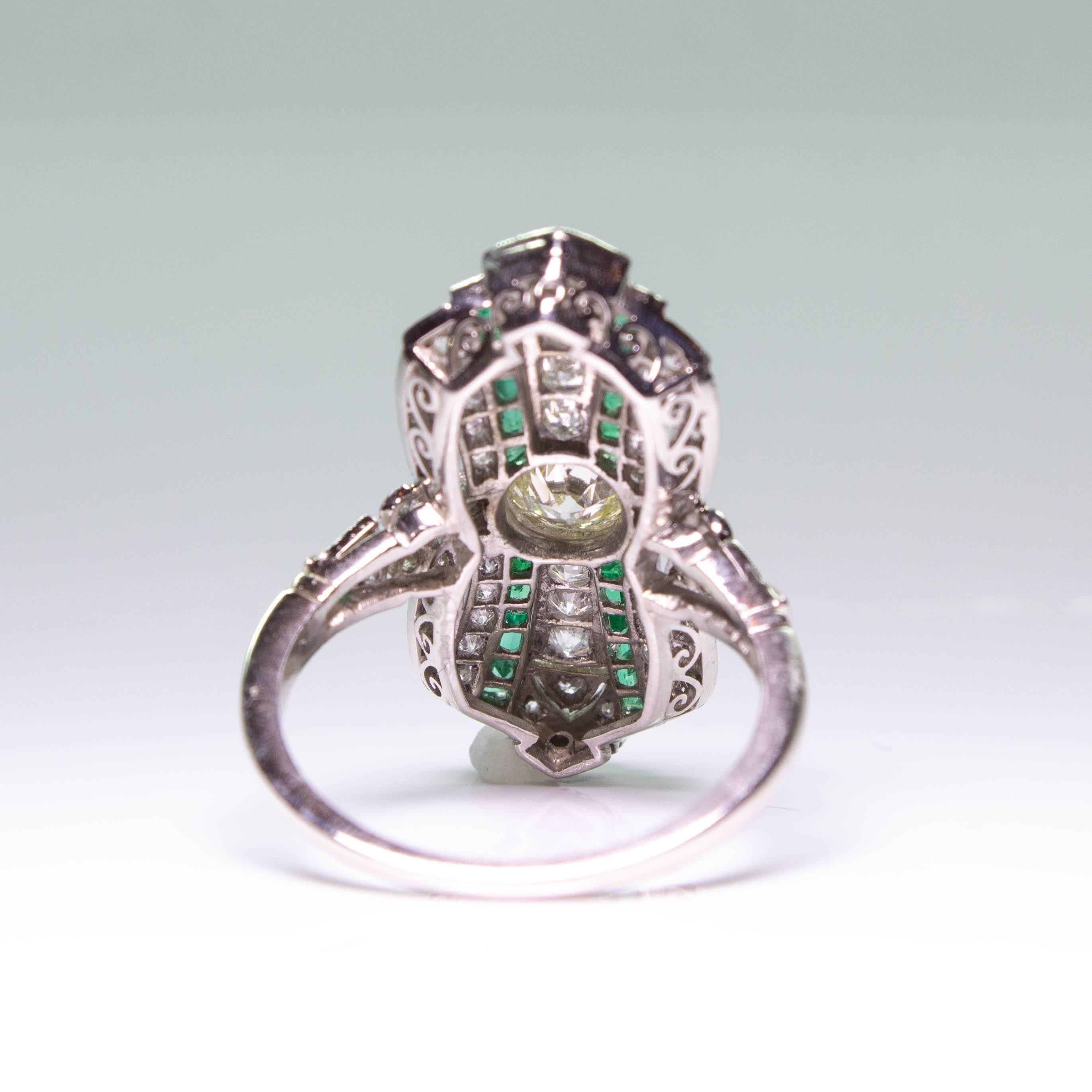 Art Deco Estate 1.28 Carat Diamond and Emerald Ring