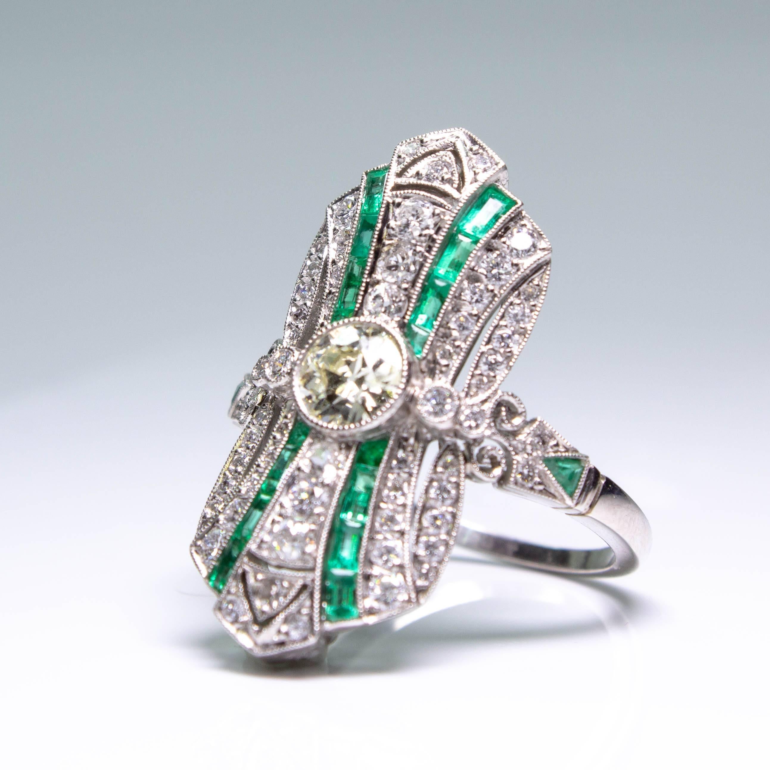 Cushion Cut Estate 1.28 Carat Diamond and Emerald Ring