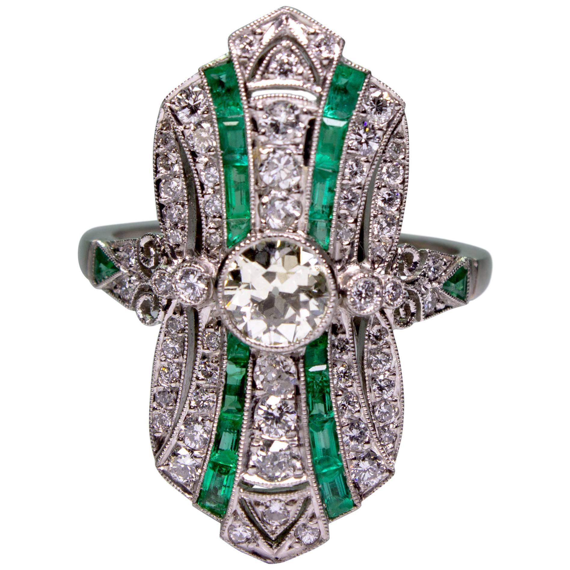 Estate 1.28 Carat Diamond and Emerald Ring