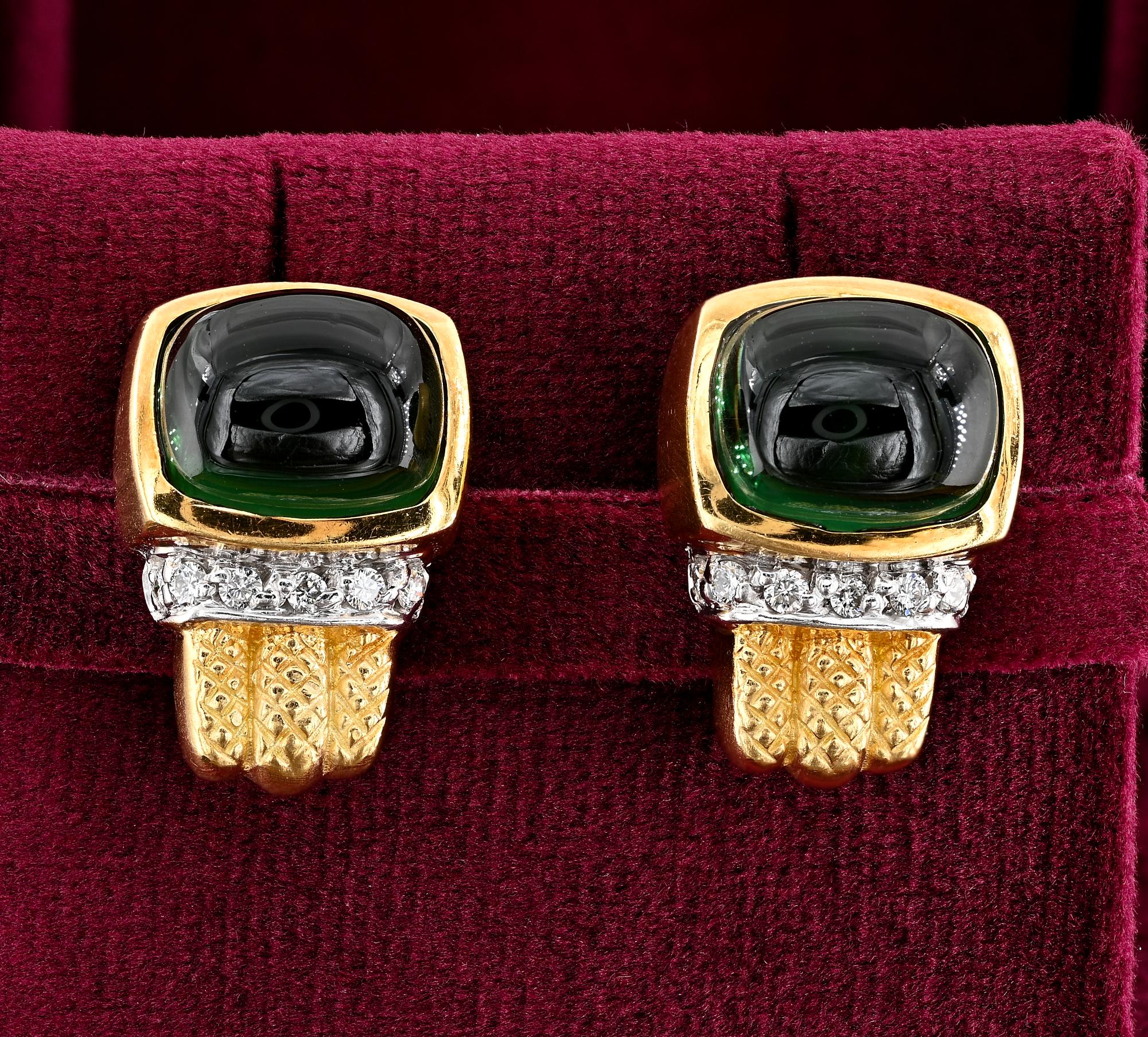 Tres Chic
Superb vintage earrings out from 60’/70’s
Distinctive chic design and dynamic timeless style
substantially hand crafted of solid 14 Kt yellow gold, marked
Centrally set with two stunning Natural untreated Green Tourmaline of pleasing