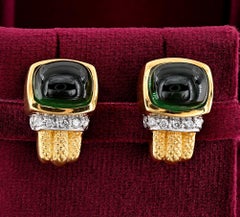 Estate 12.80 Ct Natural Green Tourmaline Diamond 14 KT earrings