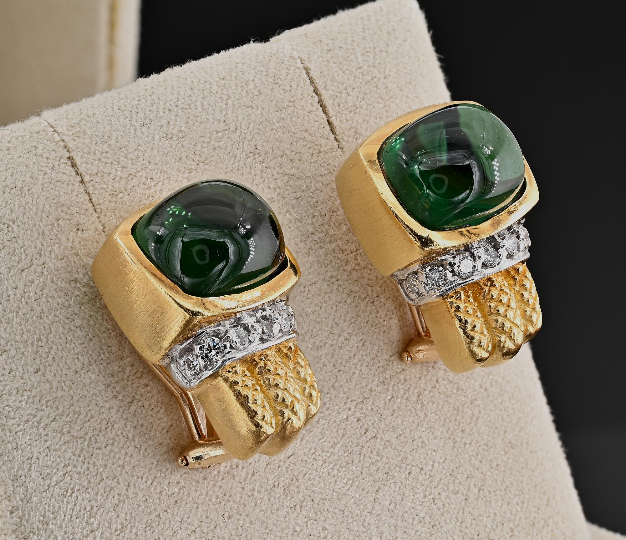 Contemporary Estate 12.80 Ct Natural Green Tourmaline Diamond 14 KT earrings For Sale