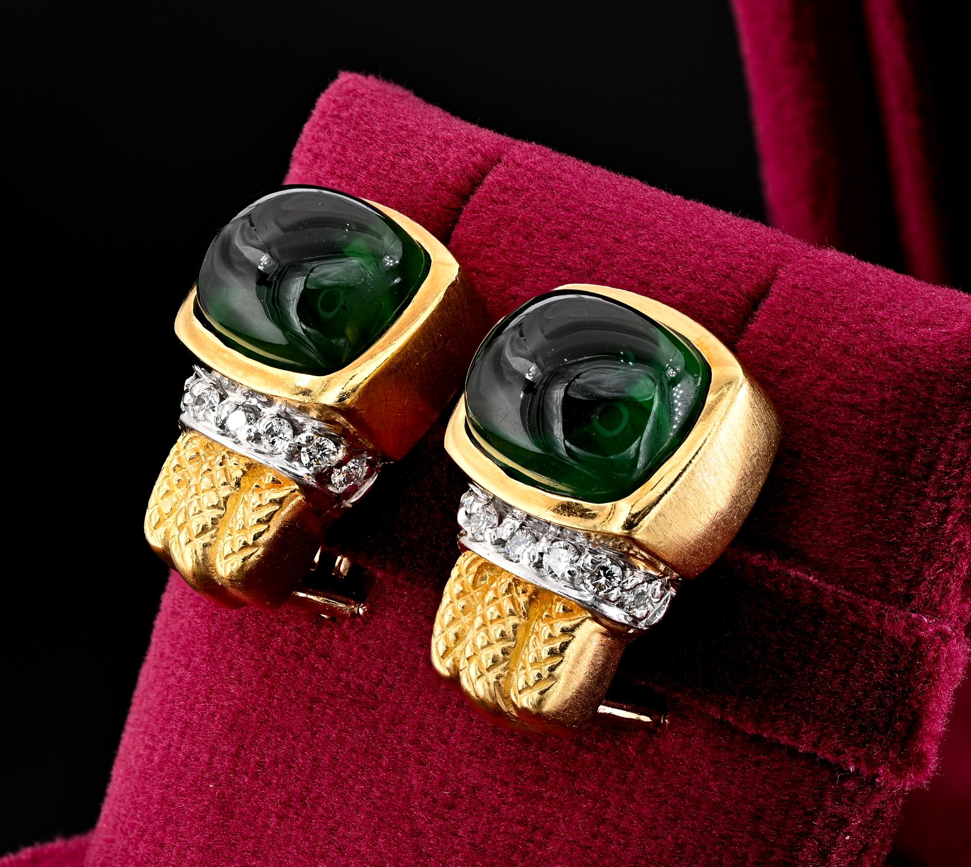 Women's or Men's Estate 12.80 Ct Natural Green Tourmaline Diamond 14 KT earrings For Sale