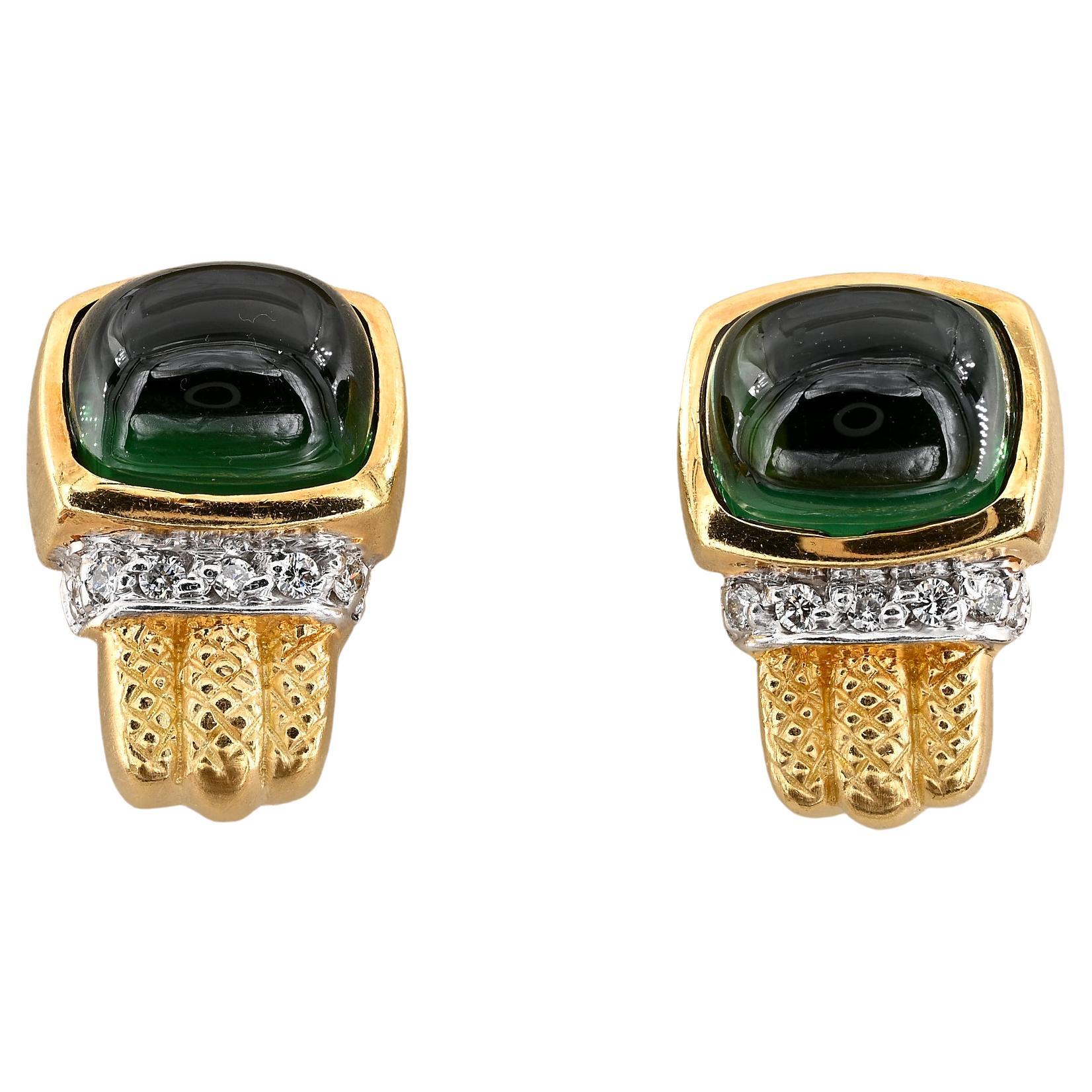 Estate 12.80 Ct Natural Green Tourmaline Diamond 14 KT earrings For Sale