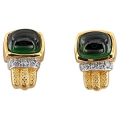 Estate 12.80 Ct Natural Green Tourmaline Diamond 14 KT earrings