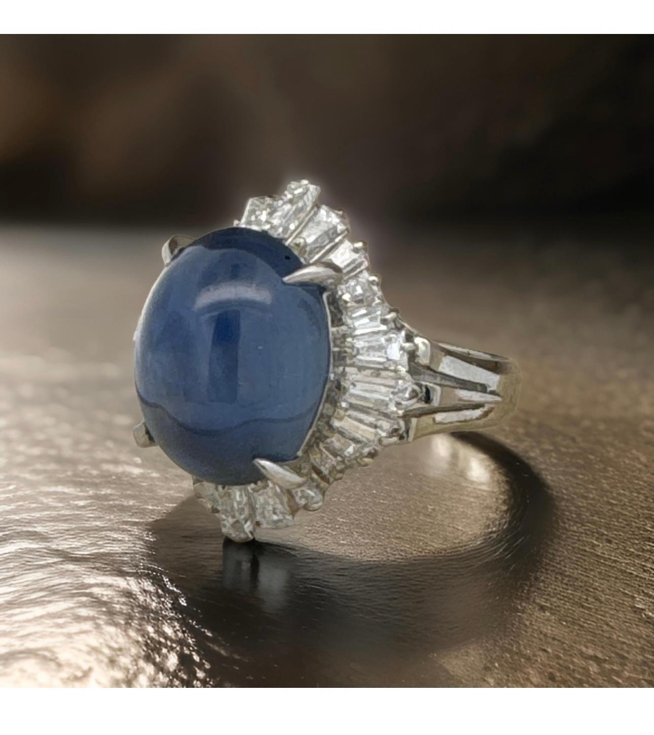 Estate 12,98 ct Zafiro Estrella Diamante Anillo Platino 14994 Cabujón en venta