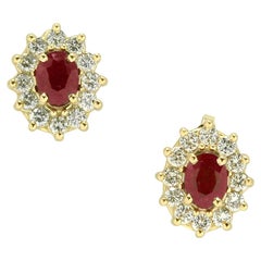 Estate 1.30 Carat Ruby Diamond Earrings Halo Studs Pigeon Blood Red Yellow Gold