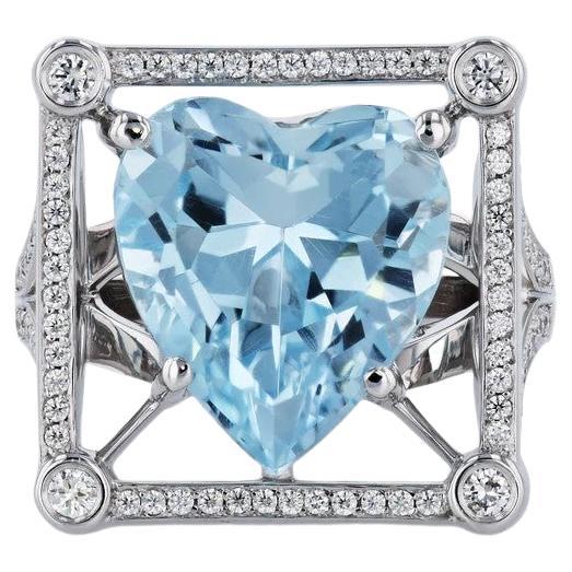 Estate 13.18 Carat Blue Topaz Heart Diamond Pave Ring 18 Karat white gold  For Sale