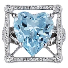 Estate 13.18 Carat Blue Topaz Heart Diamond Pave Ring 18 Karat white gold 