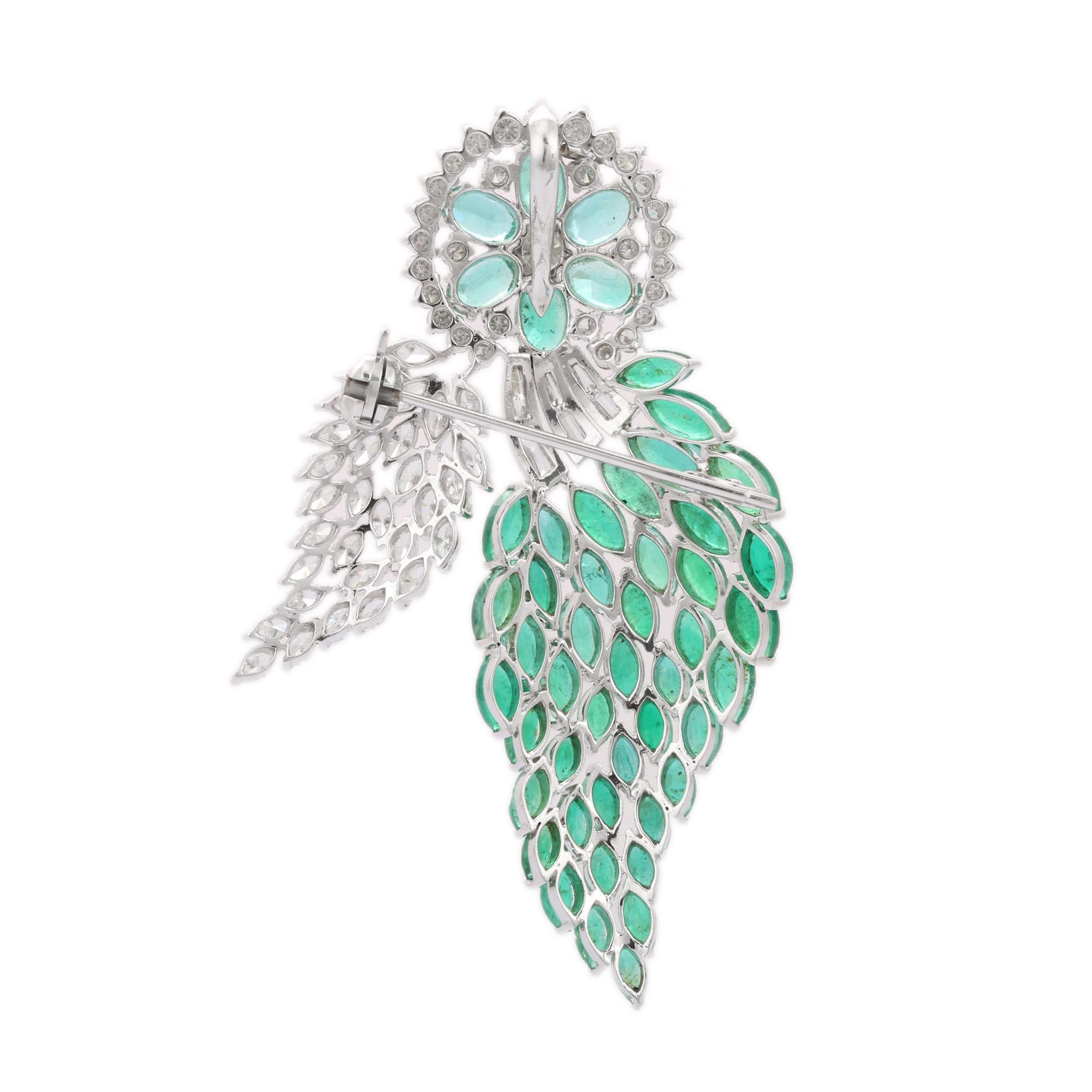 Art Deco Estate 13.20 CTW Emerald 4.41 CTW Diamond Engagement Brooch in 18k White Gold For Sale