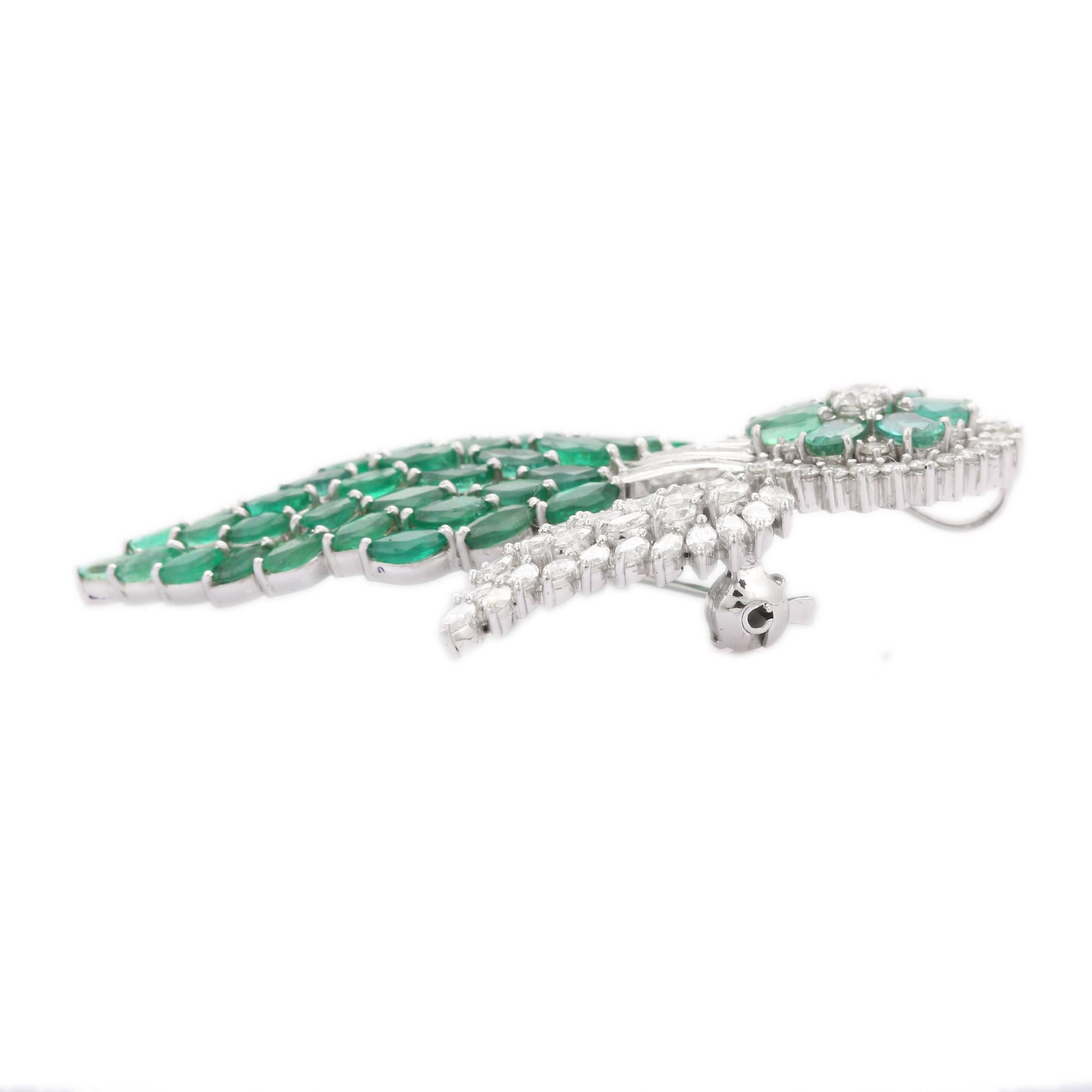 Marquise Cut Estate 13.20 CTW Emerald 4.41 CTW Diamond Engagement Brooch in 18k White Gold For Sale