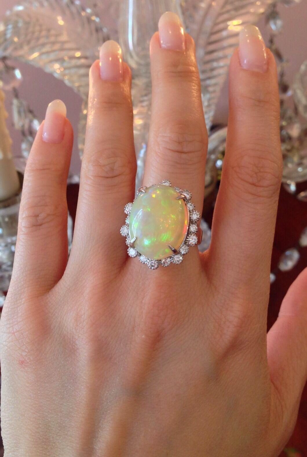 Estate 13.33 carat Natural Opal and Diamond Ring in Platinum For Sale 6