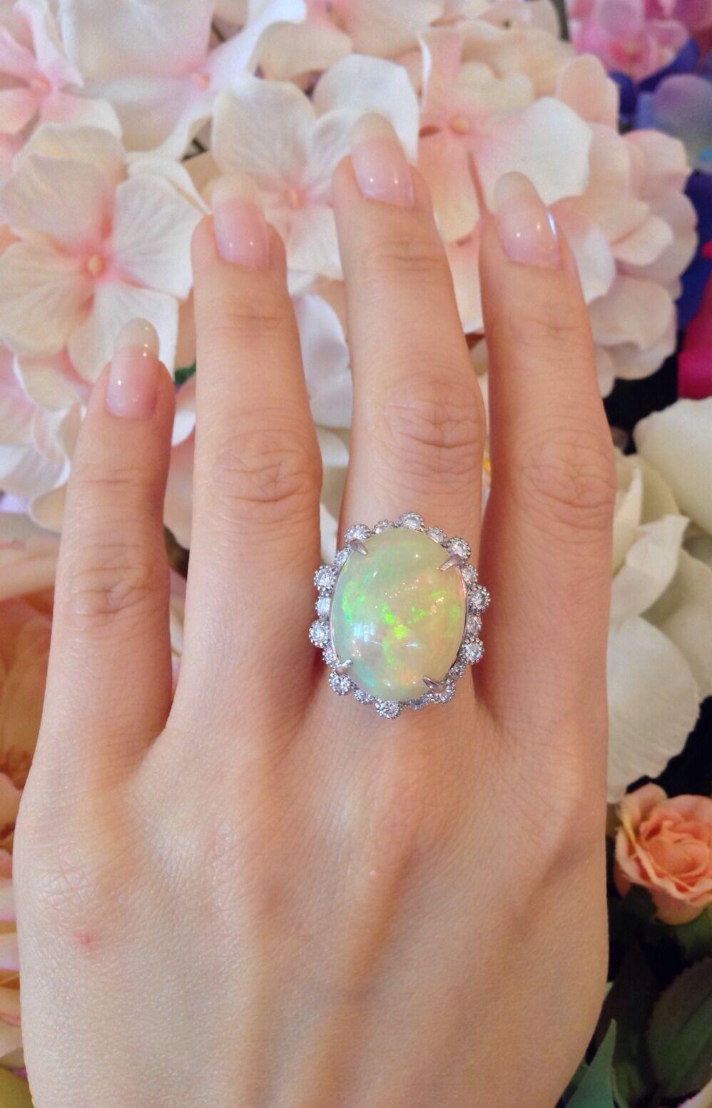 Cabochon Estate 13.33 carat Natural Opal and Diamond Ring in Platinum For Sale