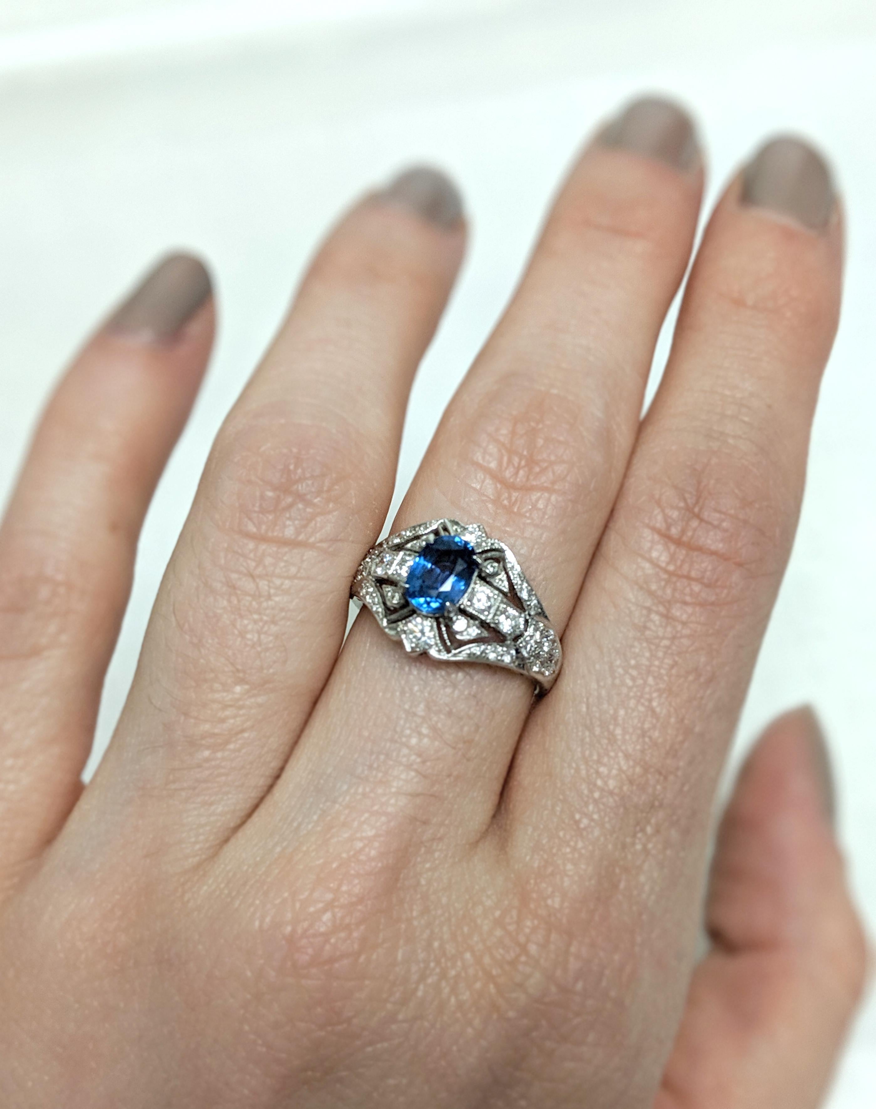 Oval Cut Estate 1.35 Carat Oval Blue Sapphire and Diamond Ring