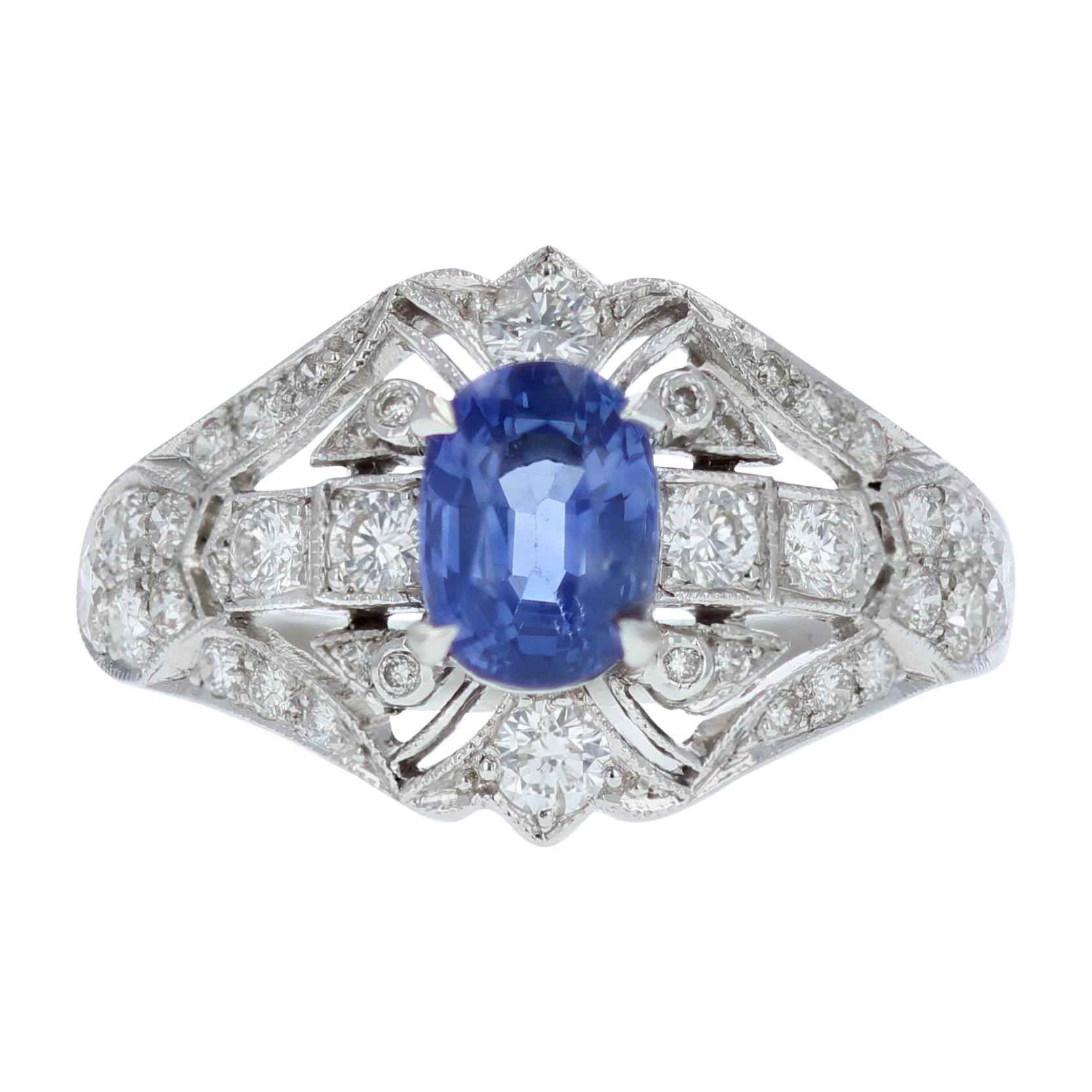 Estate 1.35 Carat Oval Blue Sapphire and Diamond Ring