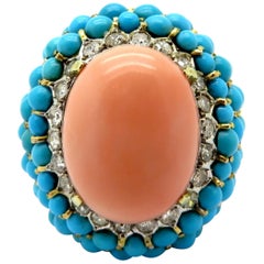 Estate 14 Karat Gold Angel Skin Coral, Diamond and Turquoise Large Fashion Ring