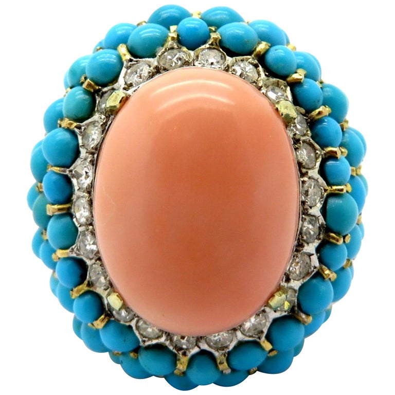 Estate 14 Karat Gold Angel Skin Coral, Diamond and Turquoise Large Fashion  Ring at 1stDibs