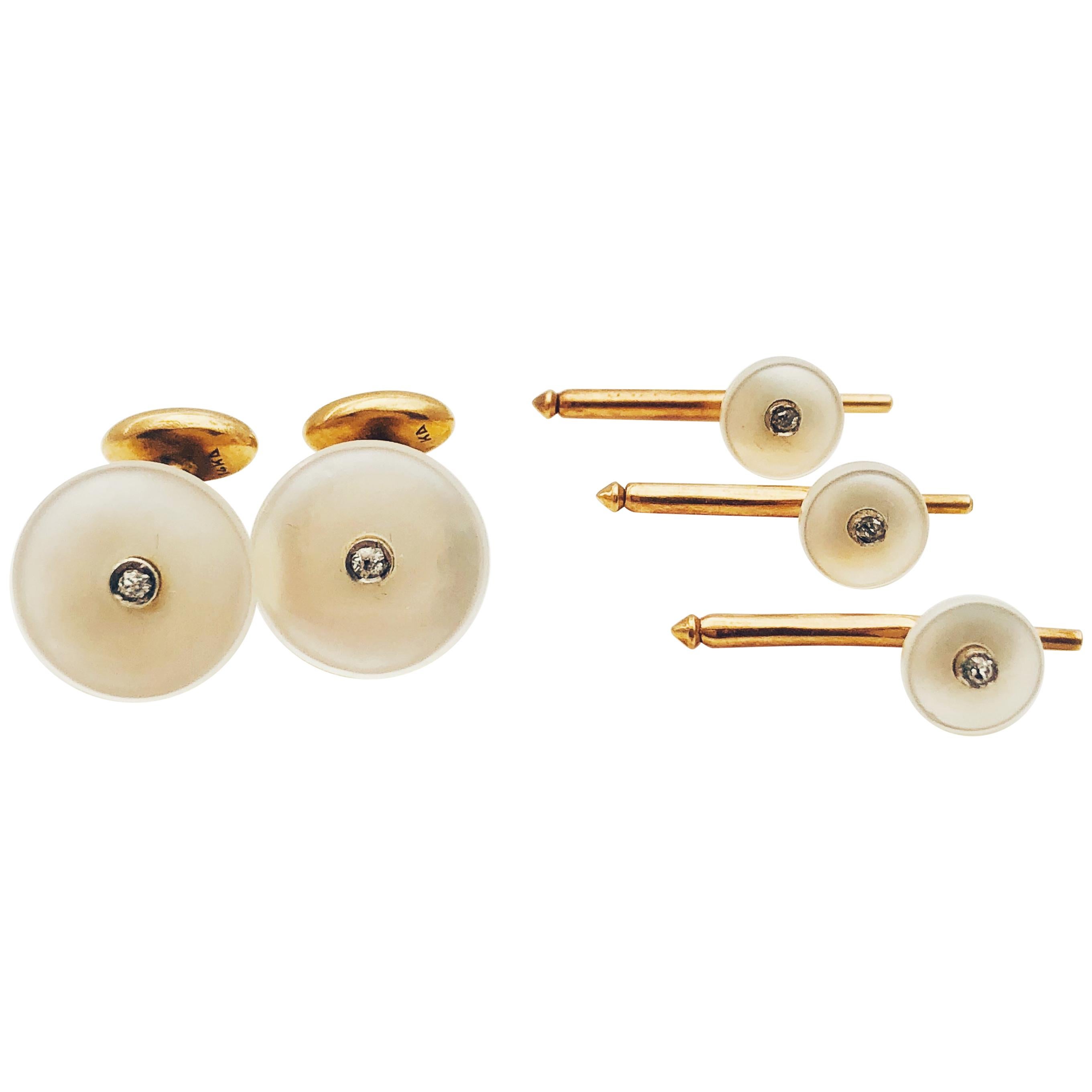 Estate 14 Karat Gold, Diamond and Mother of Pearl Tuxedo Cufflinks and Studs Set