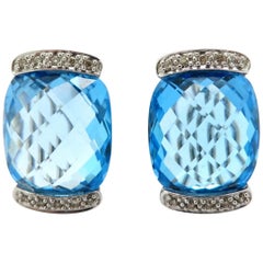 Grandes boucles d'oreilles de succession mode en or 14 carats avec topaze bleue et diamants