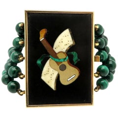 Estate 14 Karat Gold One-of-a-kind Malachite Guitar Fashion Statement Bracelet