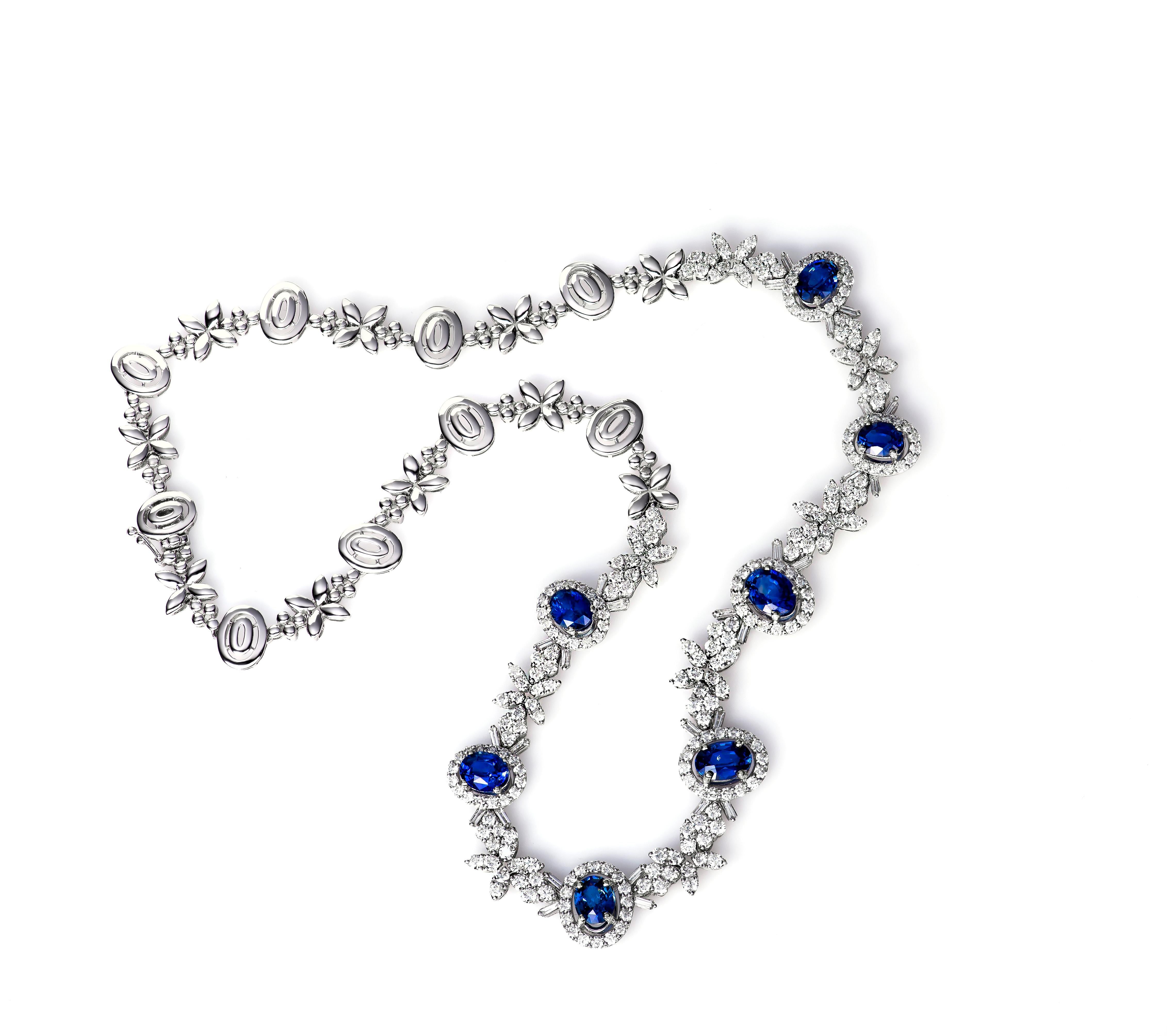 Estate 14K White Gold 36.00 CTW Sapphire & Diamond Necklace 32.6 Grams

There Are Oval Shaped Natural Blue Sapphires, Of About 1.00 Carat Each, Weighing Approximately 27.00 Carat Total Weight.


 433 Round Brilliant Cut Natural Diamonds, Weighing