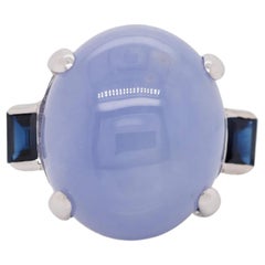 Vintage Estate 14 Karat White Gold Chalcedony and Sapphire Cocktail Ring