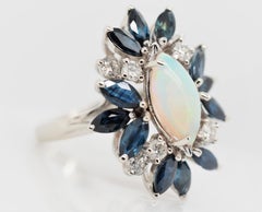 Estate 14 Karat White Gold Opal Sapphire and Diamond Cocktail Ring