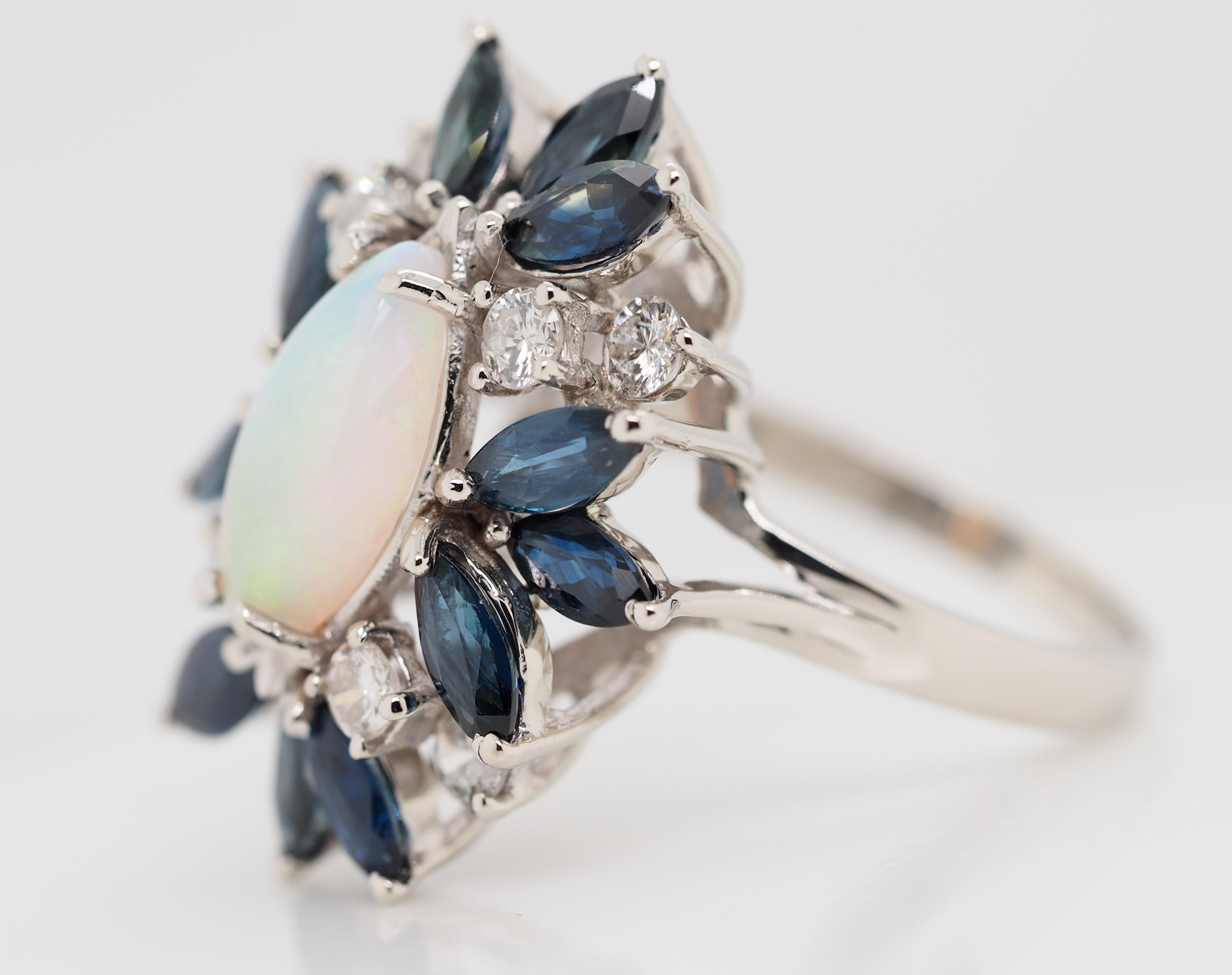 Estate 14 Karat White Gold Opal Sapphire and Diamond Cocktail Ring For Sale 1